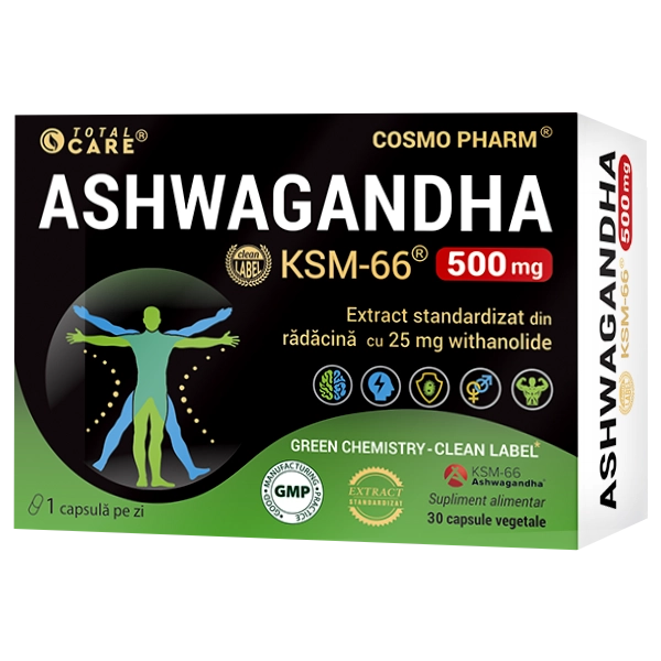 ASHWAGANDHA KSM-66 ~ 500 mg cu 25 mg Withanolide 3 KSM-66 Ashwagandha Cosmopharm – supliment alimentar pentru reducerea stresului, cresterea energiei si echilibrul organismului
