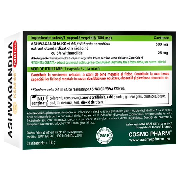 ASHWAGANDHA KSM-66 ~ 500 mg cu 25 mg Withanolide 4 KSM-66 Ashwagandha Cosmopharm – supliment alimentar pentru reducerea stresului, cresterea energiei si echilibrul organismului