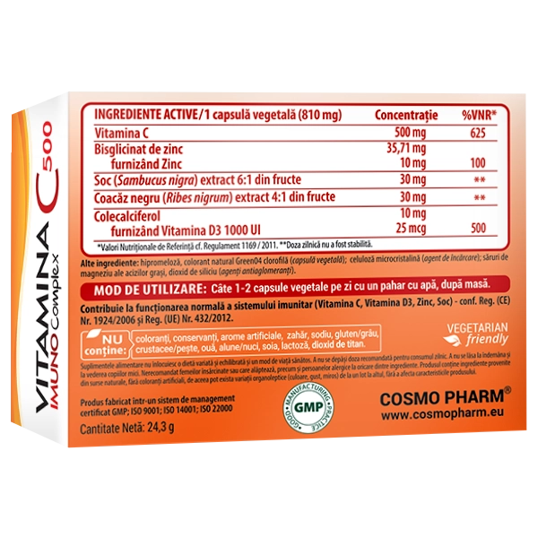 Vitamina C 500 Imuno Complex cu Zinc, Soc, Coacaz Negru si Vitamina D3 4 Vitamina C 500 Imuno Complex Cosmopharm supliment alimentar pentru sustinerea imunitatii si protectie antioxidanta