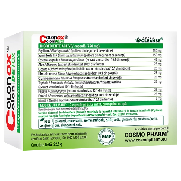 COLONOX Colon DETOX® Curatarea Colonului, Detoxifiere 4 Colonox Colon Detox Cosmopharm supliment alimentar pentru sustinerea digestiei, detoxifierea colonului si tranzit intestinal normal
