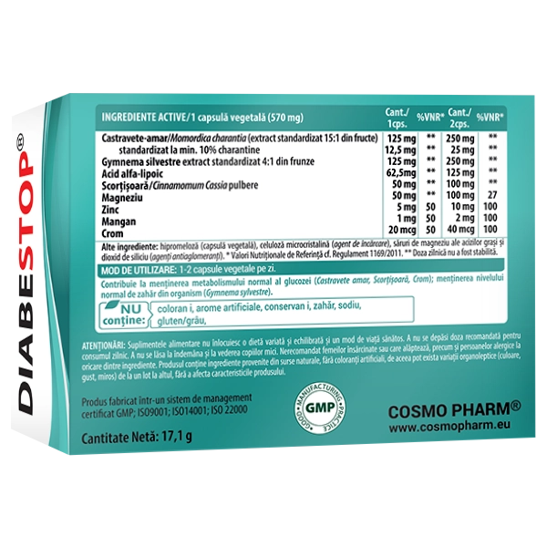 Diabestop, 30 capsule vegetale 4 Diabestop Cosmopharm supliment alimentar pentru sustinerea nivelului normal al glicemiei si metabolismului glucidelor