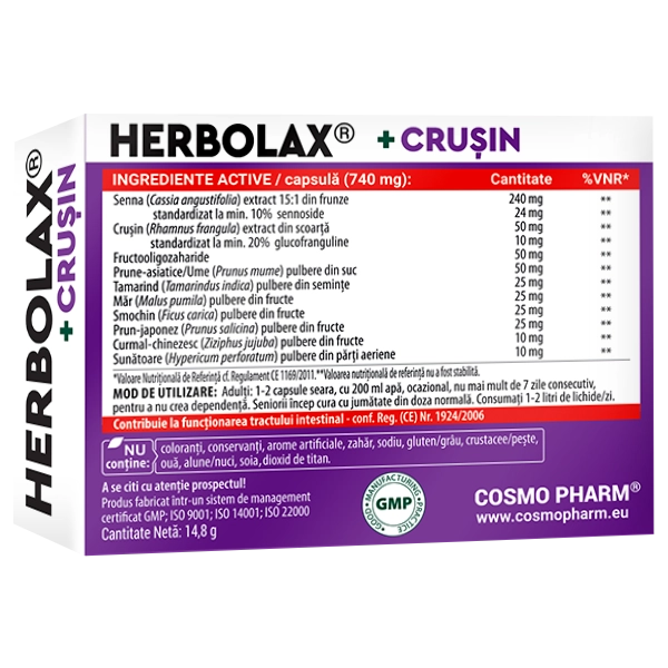 HERBOLAX® + CRUSIN Laxativ Natural Pentru Constipatie Cronica 4 Herbolax Crusin Cosmopharm supliment alimentar pe baza de plante pentru sustinerea tranzitului intestinal si digestiei