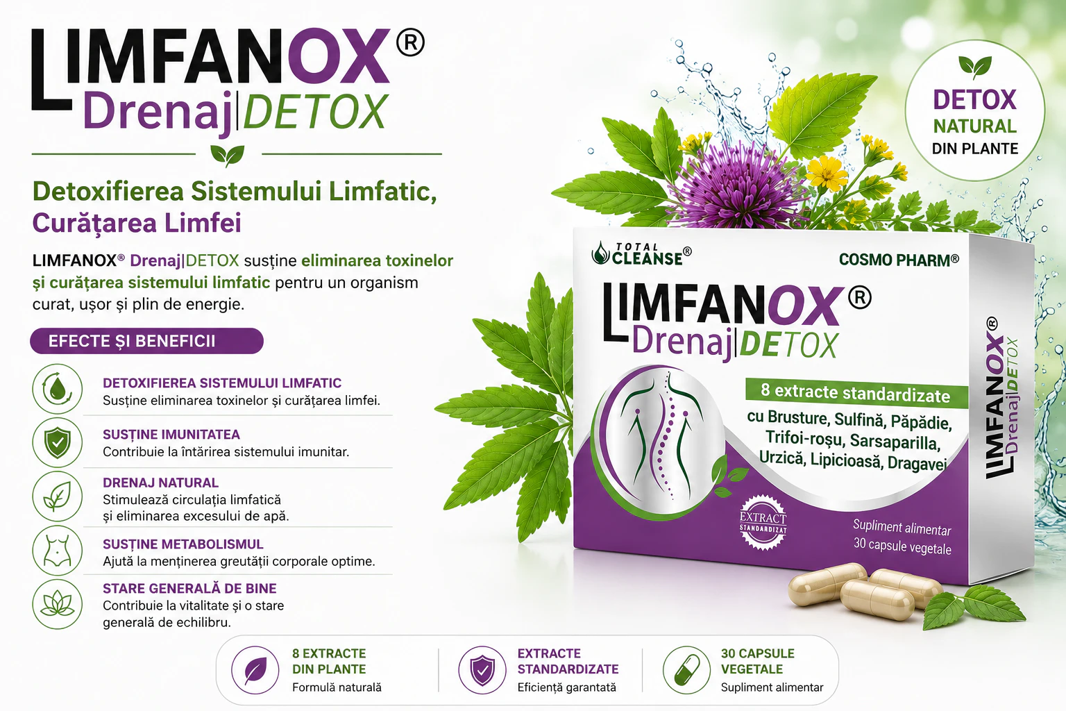 LIMFANOX Drenaj DETOX® Capsule Drenaj Sistem Limfatic 7 limfanox drenaj detox beneficii
