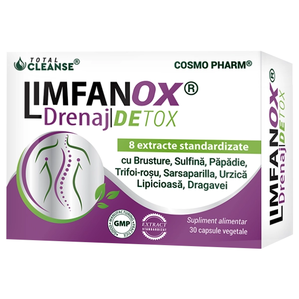 LIMFANOX Drenaj DETOX® Capsule Drenaj Sistem Limfatic 18 Limfanox Cosmopharm capsule pentru drenaj limfatic și eliminarea toxinelor