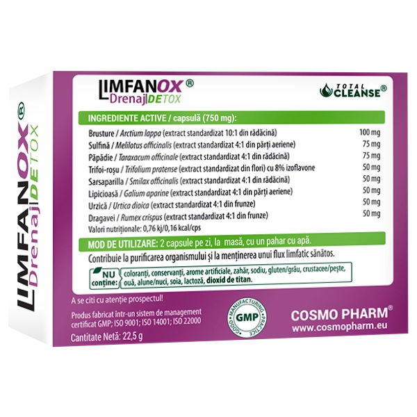 LIMFANOX Drenaj DETOX® Capsule Drenaj Sistem Limfatic 4 Limfanox Cosmopharm capsule pentru drenaj limfatic și eliminarea toxinelor
