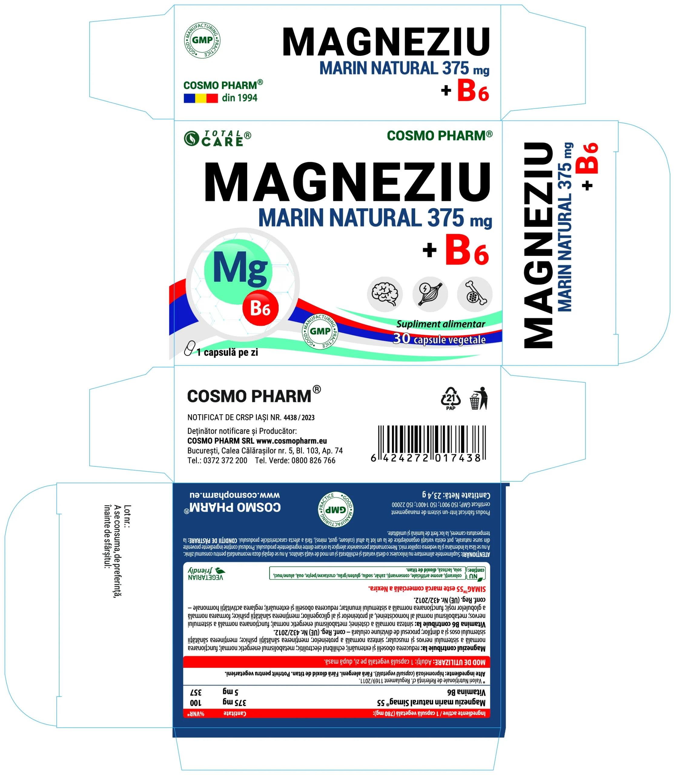Magneziu Marin Natural 375 + B6 Premium – Stres, Nervozitate capsule vegetale 5 Magneziu marin 375 + B6 Premium Formula Cosmopharm supliment alimentar pentru sustinerea sistemului nervos si sanatatea musculara