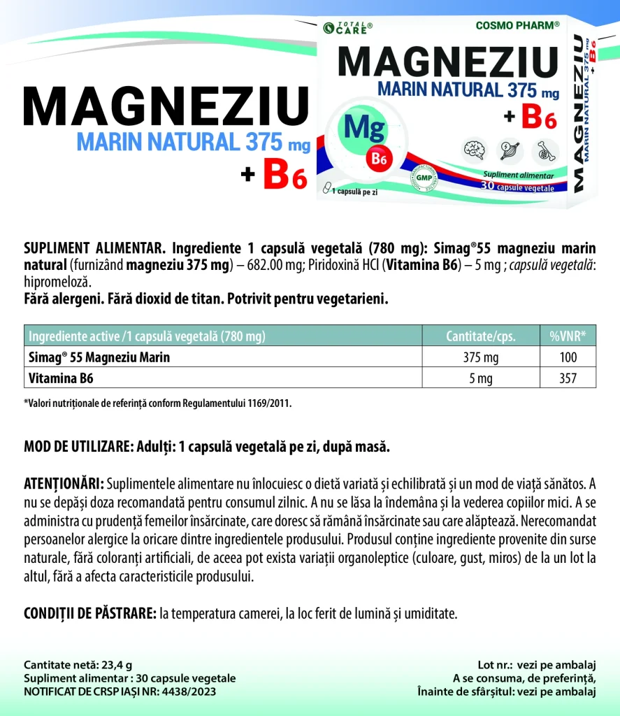 Magneziu Marin Natural 375 + B6 Premium – Stres, Nervozitate capsule vegetale 6 magneziu marin prospect beneficii
