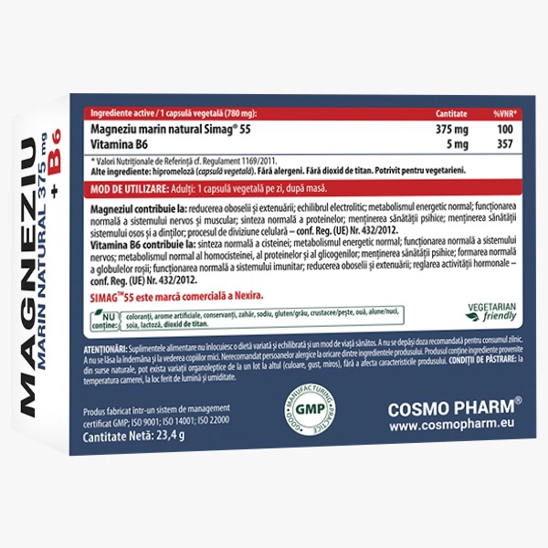 Magneziu Marin Natural 375 + B6 Premium – Stres, Nervozitate capsule vegetale 4 Magneziu marin 375 + B6 Premium Formula Cosmopharm supliment alimentar pentru sustinerea sistemului nervos si sanatatea musculara
