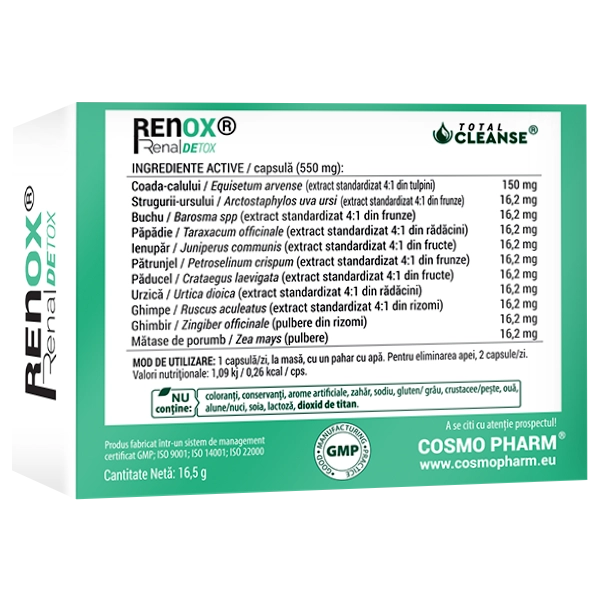 Renox® Renal Detox 30 cps. Detoxifiant, Diuretic 4 Renox Renal Detox Cosmopharm – supliment alimentar pentru sustinerea functiei renale si detoxifierea rinichilor