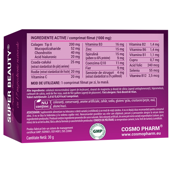 Super Beauty: Colagen Pentru Par Unghii si Piele + Acid hialuronic, Q10 4 Super Beauty – Beauty Support Formula Cosmopharm supliment pentru sanatatea pielii, parului si unghiilor