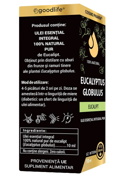 Sticlă Ulei Esențial de Eucalipt (10 ml) – ulei esențial 100% natural pentru uz intern cu proprietăți antiseptice, expectorante și susținerea imunității | Cosmopharm