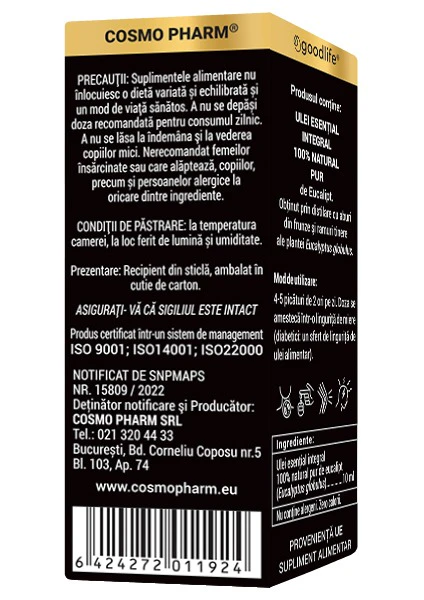 Sticlă Ulei Esențial de Eucalipt (10 ml) – ulei esențial 100% natural pentru uz intern cu proprietăți antiseptice, expectorante și susținerea imunității | Cosmopharm