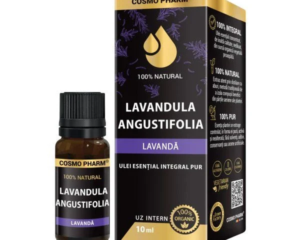 Sticlă Ulei Esențial de Lavandă pentru uz intern – 100% natural, pur de Lavandula angustifolia cu proprietăți calmante, antiinflamatoare și antioxidante pentru aromaterapie și bunăstare generală | Cosmopharm