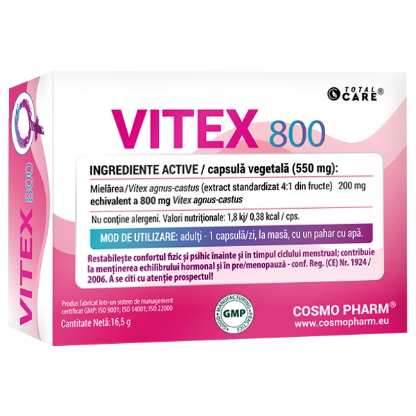 Vitex 800 - Supliment Menopauza - Premenopauza 4 Vitex 800 Cosmopharm – supliment alimentar pentru echilibru hormonal si sanatatea sistemului reproducator feminin vitex si menopauza