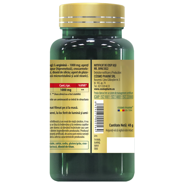 L-ARGININA 1000 mg, 30/60 comprimate filmate 5 L-Arginina 1000 mg Cosmopharm supliment alimentar cu aminoacid pentru circulatie, energie si sustinerea masei musculare