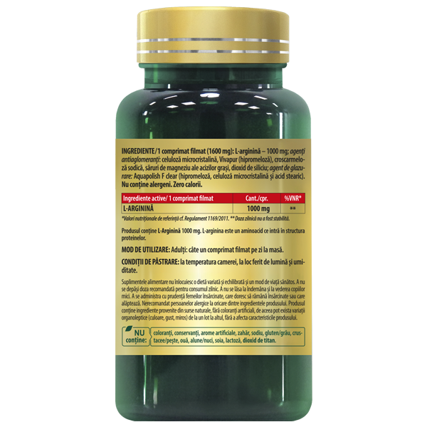 L-ARGININA 1000 mg, 30/60 comprimate filmate 4 L-Arginina 1000 mg Cosmopharm supliment alimentar cu aminoacid pentru circulatie, energie si sustinerea masei musculare
