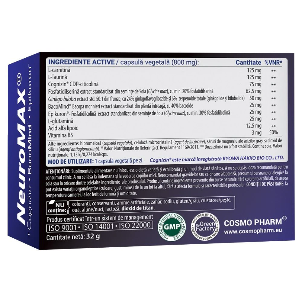 Neuromax Cosmopharm pastile pentru memorie si concentrare cu efect rapid – supliment pentru sustinerea functiilor cognitive, atentiei si performantei mentale
