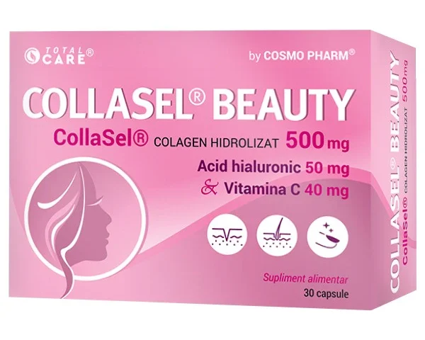 CollaSel Beauty Cosmopharm – colagen hidrolizat sub forma de peptide, supliment pentru hidratarea pielii, fermitatea tenului si sustinerea sanatatii parului si unghiilor