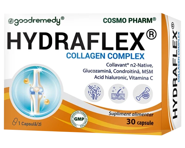 Hydraflex Cosmopharm capsule – supliment cu colagen de noua generatie pentru sustinerea articulatiilor, mobilitate si flexibilitate, administrare usoara cu o capsula pe zi