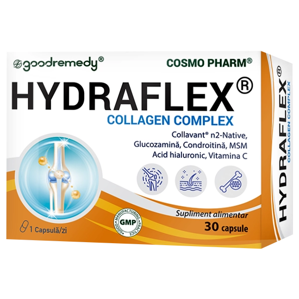 Hydraflex Cosmopharm capsule – supliment cu colagen de noua generatie pentru sustinerea articulatiilor, mobilitate si flexibilitate, administrare usoara cu o capsula pe zi