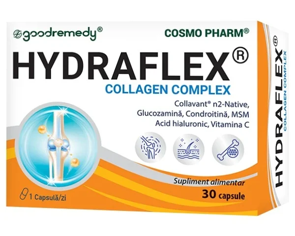Hydraflex Cosmopharm capsule – supliment cu colagen de noua generatie pentru sustinerea articulatiilor, mobilitate si flexibilitate, administrare usoara cu o capsula pe zi