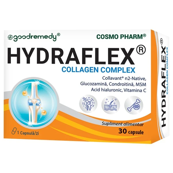 Hydraflex Cosmopharm capsule – supliment cu colagen de noua generatie pentru sustinerea articulatiilor, mobilitate si flexibilitate, administrare usoara cu o capsula pe zi