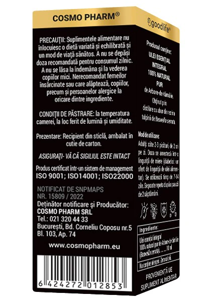 Ulei de tămâie (Boswellia Serrata, Frankincense) Cosmopharm – ulei aromatic natural pentru aromaterapie, reducerea inflamației, susținerea flexibilității și sănătății articulațiilor