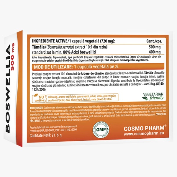 BOSWELLIA - Extract Tămâie 4 Boswellia Serrata extract Tămâie Cosmopharm – supliment natural pentru sustinerea articulatiilor, mobilitate si reducerea inflamatiei