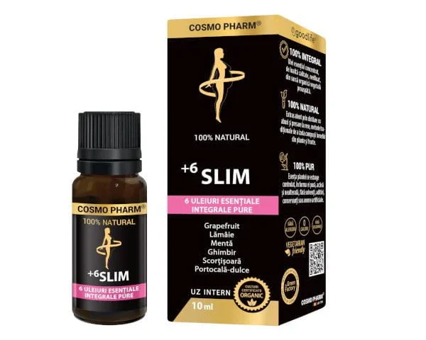 6Slim Cosmopharm – amestec de 6 uleiuri esențiale naturale (grapefruit, lămâie, mentă, ghimbir, scorțișoară și portocală) pentru susținerea digestiei, controlul apetitului și metabolism activ
