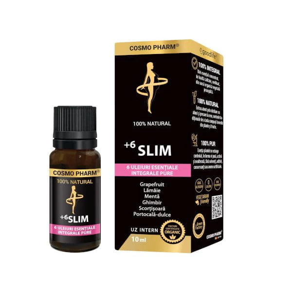 6Slim Cosmopharm – amestec de 6 uleiuri esențiale naturale (grapefruit, lămâie, mentă, ghimbir, scorțișoară și portocală) pentru susținerea digestiei, controlul apetitului și metabolism activ