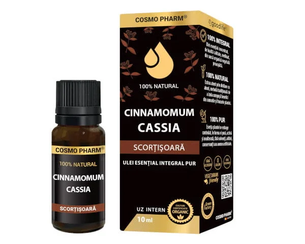 Ulei esential de Scortisoara (Cinnamomum verum) Cosmopharm – ulei aromatic natural cu proprietati antibacteriene, antiinflamatoare, energizante si pentru sustinerea circulatiei