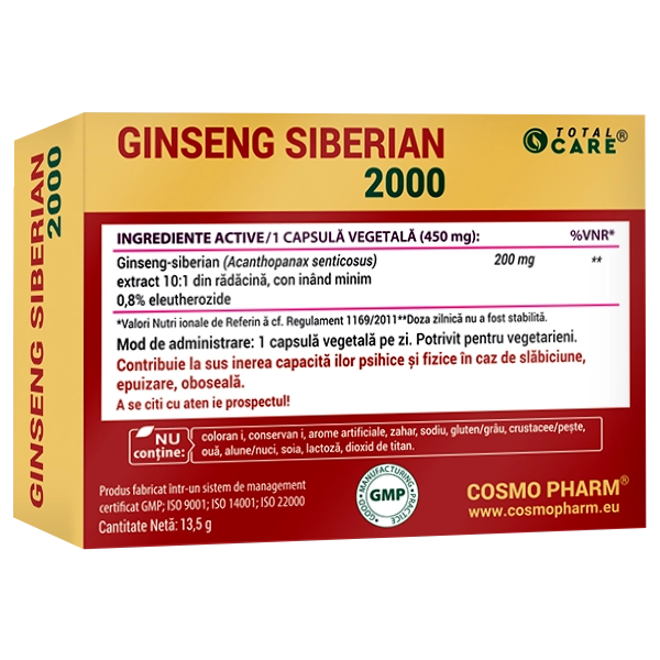 GINSENG SIBERIAN 2000 mg 4 Ginseng Siberian 2000 mg Cosmopharm supliment alimentar pentru energie, vitalitate si sustinerea sistemului imunitar, 30 capsule