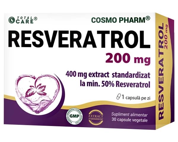 Resveratrol 200mg Cosmopharm capsule – antioxidant natural puternic pentru combaterea stresului oxidativ, protectia celulelor si sustinerea longevitatii si sanatatii generale
