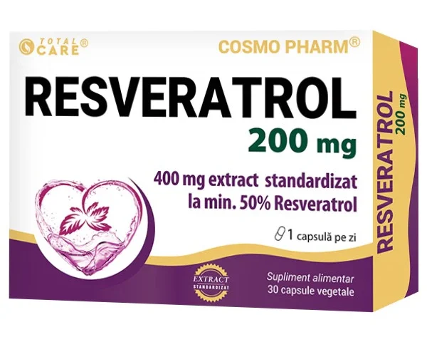 Resveratrol 200mg Cosmopharm capsule – antioxidant natural puternic pentru combaterea stresului oxidativ, protectia celulelor si sustinerea longevitatii si sanatatii generale