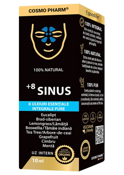 +8 SINUS Cosmopharm – amestec de 8 uleiuri esențiale naturale pentru susținerea căilor respiratorii, eliberarea sinusurilor și respirație ușoară