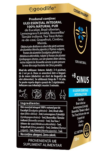 +8 SINUS Cosmopharm – amestec de 8 uleiuri esențiale naturale pentru susținerea căilor respiratorii, eliberarea sinusurilor și respirație ușoară