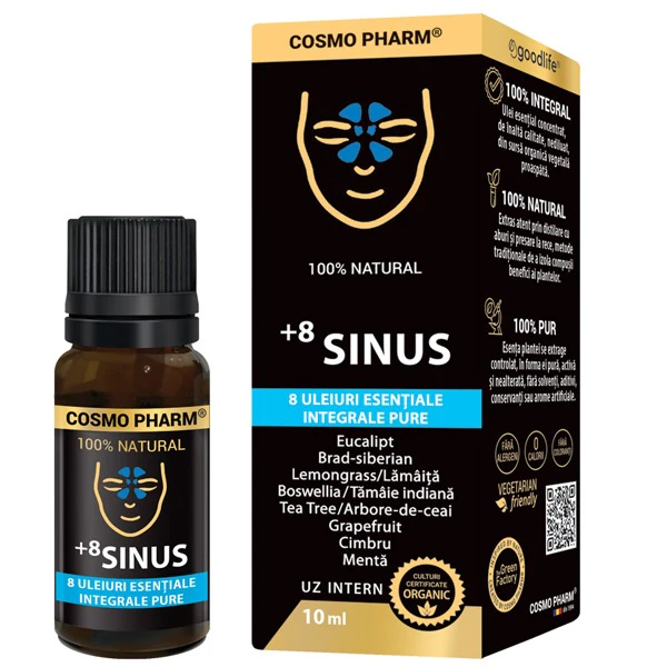 +8 SINUS Cosmopharm – amestec de 8 uleiuri esențiale naturale pentru susținerea căilor respiratorii, eliberarea sinusurilor și respirație ușoară