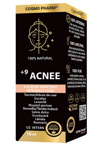 9 Acnee Cosmopharm – amestec de uleiuri esentiale pentru acnee, cu efect antibacterian, antiinflamator si purifiant, ajuta la reducerea cosurilor si reglarea sebumului
