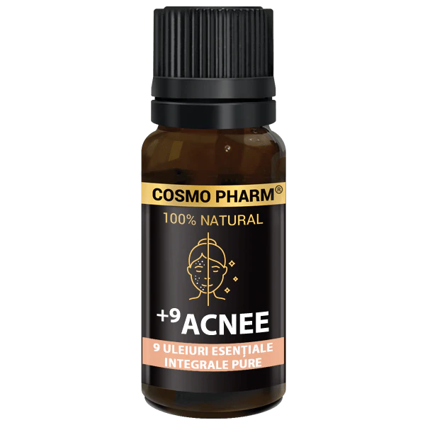 9 Acnee Cosmopharm – amestec de uleiuri esentiale pentru acnee, cu efect antibacterian, antiinflamator si purifiant, ajuta la reducerea cosurilor si reglarea sebumului