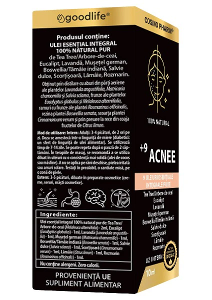 9 Acnee Cosmopharm – amestec de uleiuri esentiale pentru acnee, cu efect antibacterian, antiinflamator si purifiant, ajuta la reducerea cosurilor si reglarea sebumului