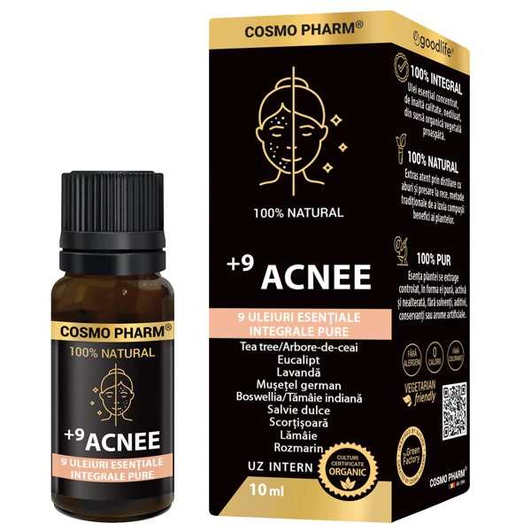 9 Acnee Cosmopharm – amestec de uleiuri esentiale pentru acnee, cu efect antibacterian, antiinflamator si purifiant, ajuta la reducerea cosurilor si reglarea sebumului