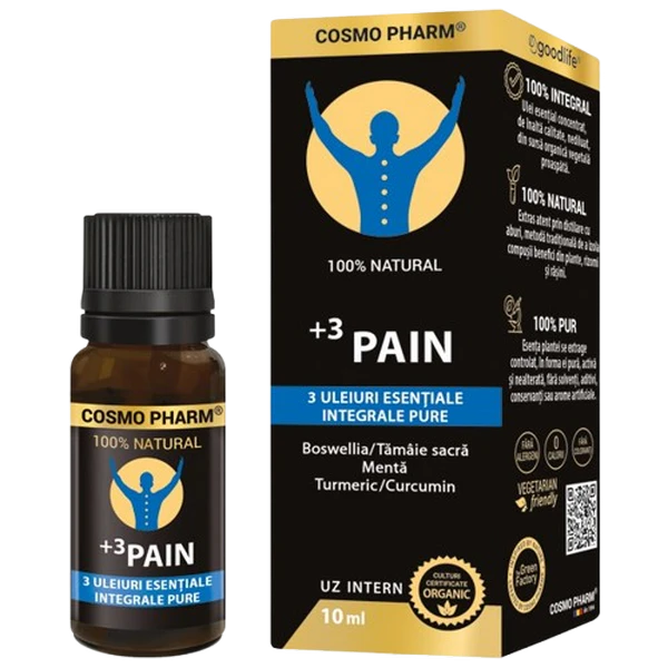 3 Pain Cosmopharm ulei esential – amestec de uleiuri esentiale pentru calmarea durerilor musculare, articulare si relaxare prin aromaterapie
