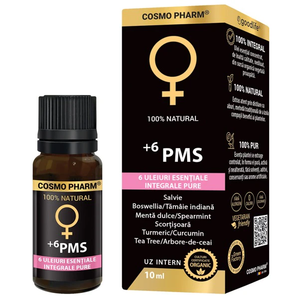 6 PMS & Menopauza Cosmopharm ulei esential – amestec natural pentru aromaterapie, reducerea simptomelor menopauzei si sustinerea echilibrului hormonal