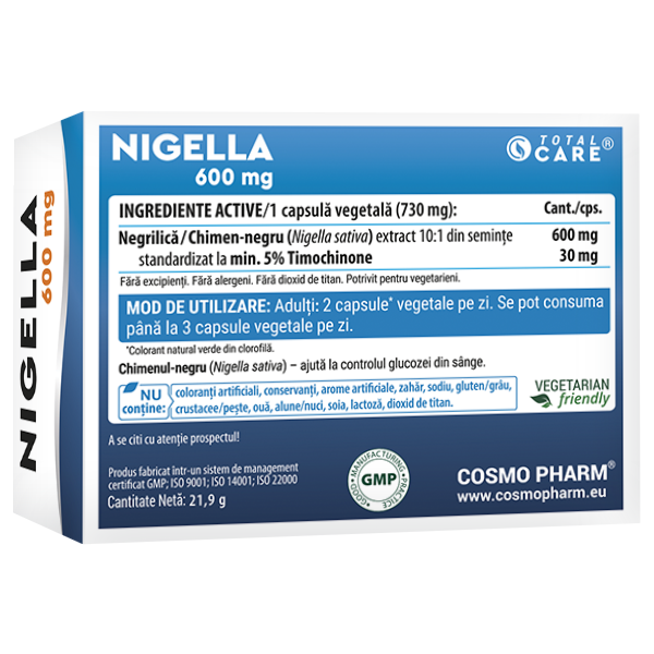 Nigella Sativa (Chimen negru), 600 mg, 30 capsule vegetale 4 Nigella Sativa 600 mg Cosmopharm 30 capsule extract din seminte de chimen negru pentru sustinerea imunitatii