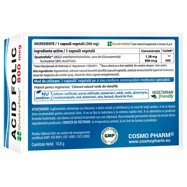 Acid Folic Quatrefolic®, 800mcg, 30 capsule vegetale 4 Acid Folic Quatrefolic Cosmopharm supliment alimentar cu folat activ pentru sustinerea sistemului nervos si formarea celulelor rosii vitamina b9