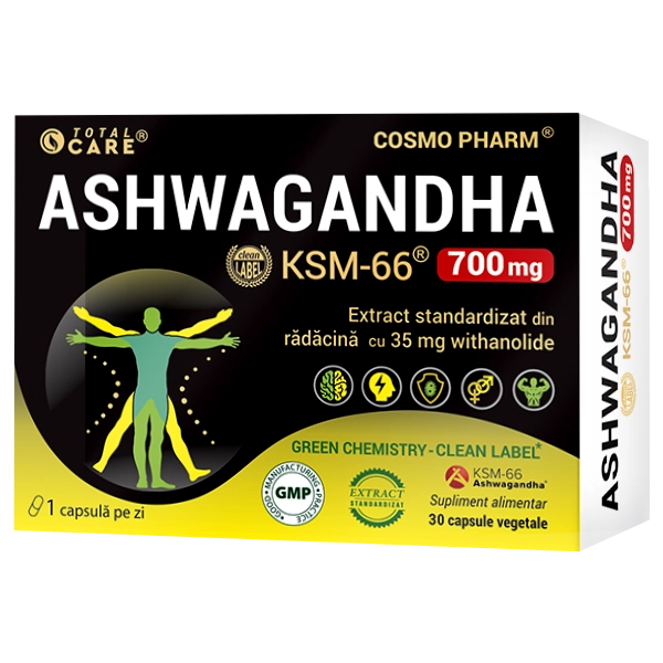 ASHWAGANDHA KSM-66 ~ 700 mg cu 35 mg Withanolide 35 Ashwagandha KSM-66 700 mg Cosmopharm supliment alimentar pentru reducerea stresului, sustinerea energiei si vitalitatii