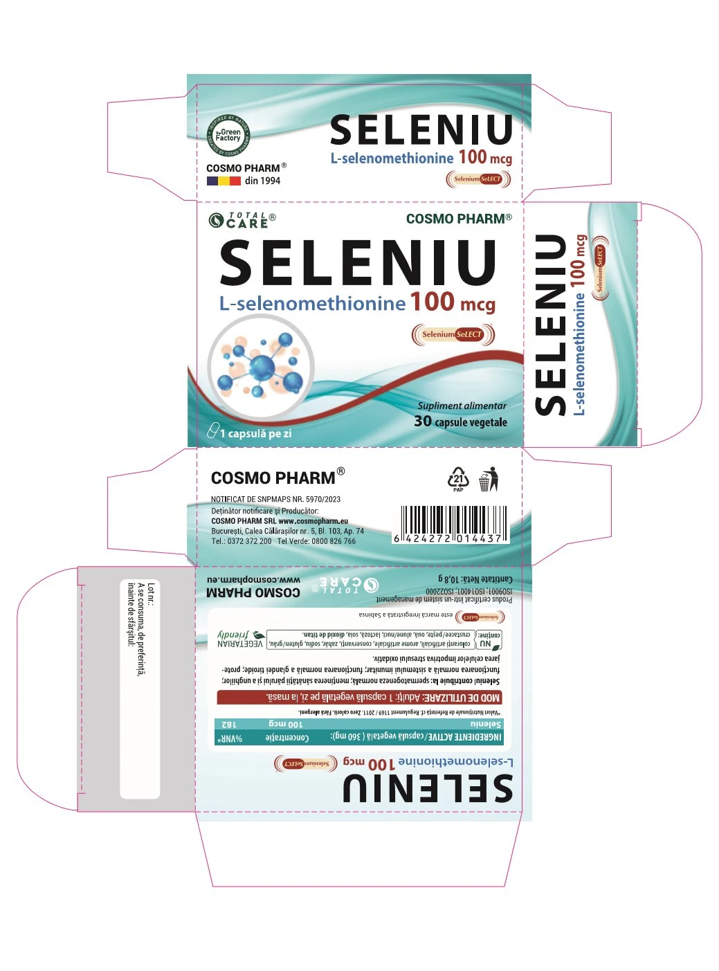 Seleniu 100 mcg Cosmopharm supliment alimentar cu L-selenometionina pentru imunitate, protectie antioxidanta si sustinerea tiroidei