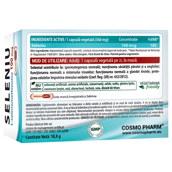Seleniu Select®, 100mcg, 30 capsule vegetale 4 Seleniu 100 mcg Cosmopharm supliment alimentar cu L-selenometionina pentru imunitate, protectie antioxidanta si sustinerea tiroidei