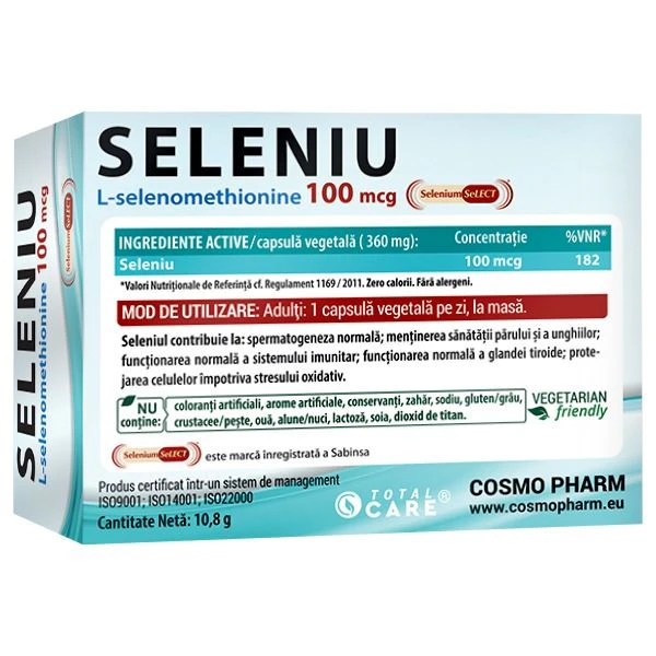 Seleniu 100 mcg Cosmopharm supliment alimentar cu L-selenometionina pentru imunitate, protectie antioxidanta si sustinerea tiroidei