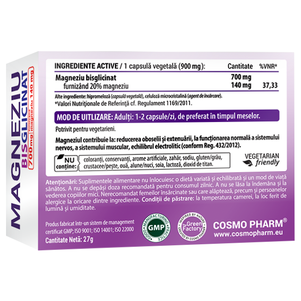 Magneziu Bisglicinat Total Care de la Cosmo Pharm, supliment cu magneziu pentru sistem nervos și muscular